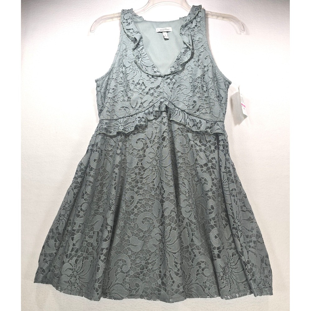Speechless Womens Sage Green Floral Lace Ruffle V-Neck Fit &‎ Flare Dress
